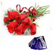 6 red roses with 2 small dairy milk chocolates