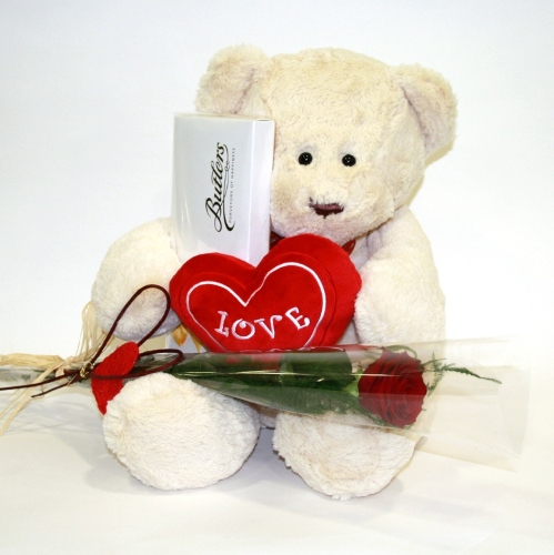 6 inch white Teddy Bear with a Valentine Heart, a Single Red Rose Card