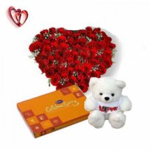 24 red roses heart with Teddy 6 inches Teddy and Celebration chocolate box