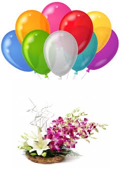 8 Air Balloons with 2 White lilies and 4 Purple orchids in a basket