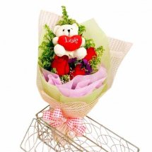 3 red roses with 6 inches Teddy in the same bouquet