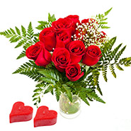 Two small hearts with bouquet of 12 Red roses