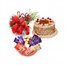 6 Red roses bouquet with 1/2 Kg butterscotch cake and small chocolate basket