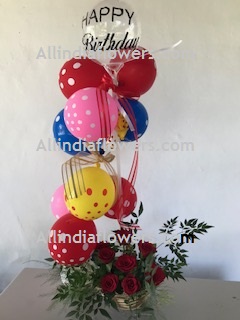 10 Polka dotted Balloons Air filled with happy birthday print balloon + 8 roses