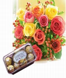 12 Mix roses bunch with 16 piece ferrero Rocher box