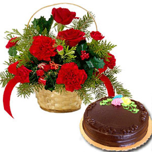 12 red Carnations in a basket with  Kg chocolate Cake