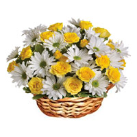18 white Gerberas yellow rosesBasket