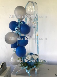 10 Silver Blue Balloons Air filled 12 Blue flowers with One Transparent Balloon