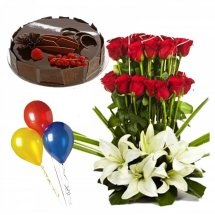 3 Air Balloons with 1/2 Kg Chocolate Cake and Basket of 4 White Lilies 20 Red roses