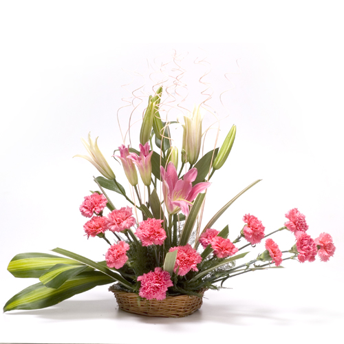 Pink lilies and pink carnations basket