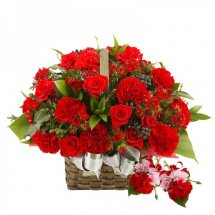 24 red carnations and red roses basket