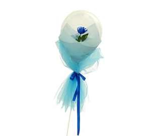 Single Blue rose or orchid Inside a clear balloon with blue and white wrapping