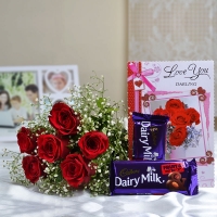 6 Red Roses bouquet with Card and 2 Cadburys Silk