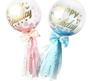 2 Clear happy birthday printed letters on balloons with pink and blue wrapping and ribbon bows