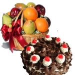 1 Kg. Fresh Fruits in Basket with 1/2 Kg black forest cake