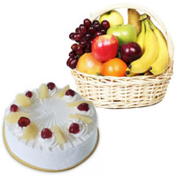 1 Kg. Fresh Fruits in Basket with 1/2 Kg Pineapple cake