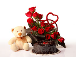 6 inches Teddy + 24 RedRoses basket +1/2 kg Cake