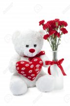 8 Red Carnations in vase with 6 inches Teddy and Heart