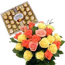 Box of 24 pieces ferrero rochers and 12 mix roses