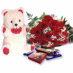 24 Roses in a Vase + Teddy + Pack of Chocolates