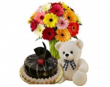 Kg chocolate cake 10 Assorted Gerberas Teddy (6 Inches)