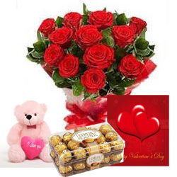 12 Red Roses with 6 inches Teddy Card and 16 Ferrero rocher chocolate box