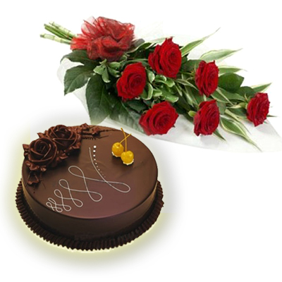 6 Red rose Bouquet with  Kg Chocolate Cake