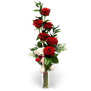 Teddy 6 Red Roses in Vase