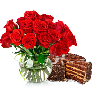 Half kg dark chocolate cake with 12 red roses vase
