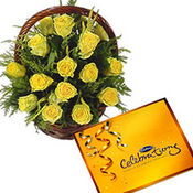 24 Yellow flowers basket+ Cadburys celebration box