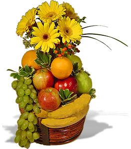 2 kg fruits basket and 12 yellow gerberas bouquet