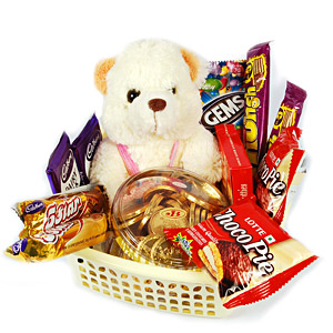 Teddy in basket of chocolates-ChocoPie Gems Dairy Milk 5Star