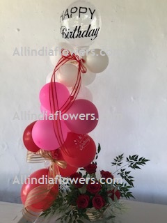 10 White Pink Red Balloons Air filled with happy birthday printed balloon + 8 roses