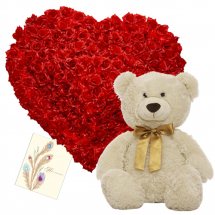 A heart of 36 Red Roses with 12 inches Teddy bear