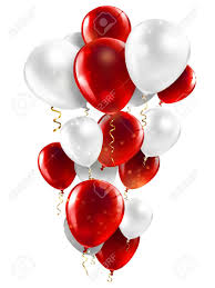 15 gas inflated balloons in red and white tied with ribbons