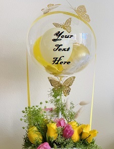 Balloon with your TEXT printed stuffed with yellow white balloons and pink yellow roses in a basket
