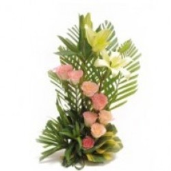 8 Pink Roses in spiral and 2 White lilies with Palm leaves in Basket