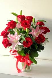 12 Red Roses with 3 Pink Lilies in vase