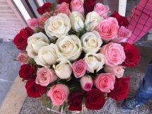 Ombre roses basket in shades of white pink and red
