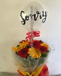 SORRY printed balloon 12 Gerberas in a bouquet