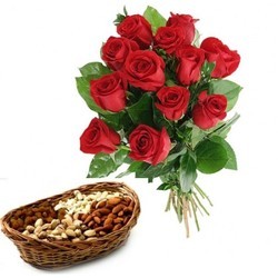 1 Kg Dryfruits in basket + 12 Red roses