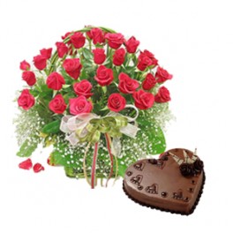 2 kg Heart Chocolate Cake + 24 red roses Basket