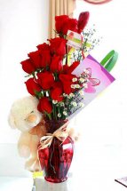 Teddy 12 Red Roses in Vase with Card