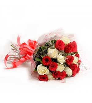 15 White and red roses hand tied