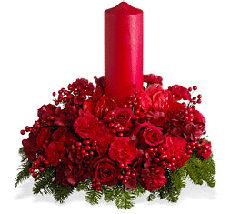 Red roses red carnatinon with red candle in middle