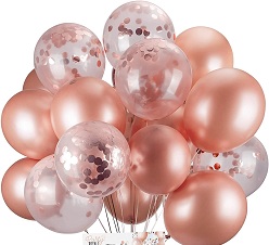 10 Rose gold helium gas inflated birthday balloons tied with ribbons
