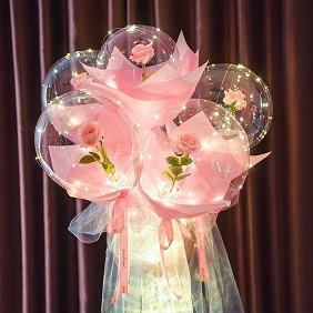 5 String LED light Balloons with 5 Pink roses inside transparent balloon with Pink and white Wrapping