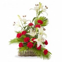 3 White lilies and 12 red carnations in a basket