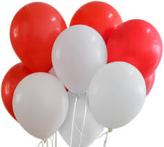 10 gas inflated balloons in red and white tied with ribbons