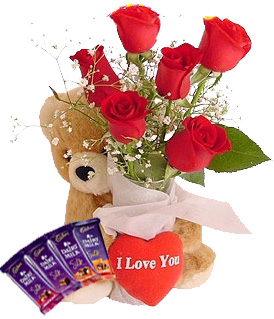Teddy bear (6 inches each) and 6 Red roses 4 silk
